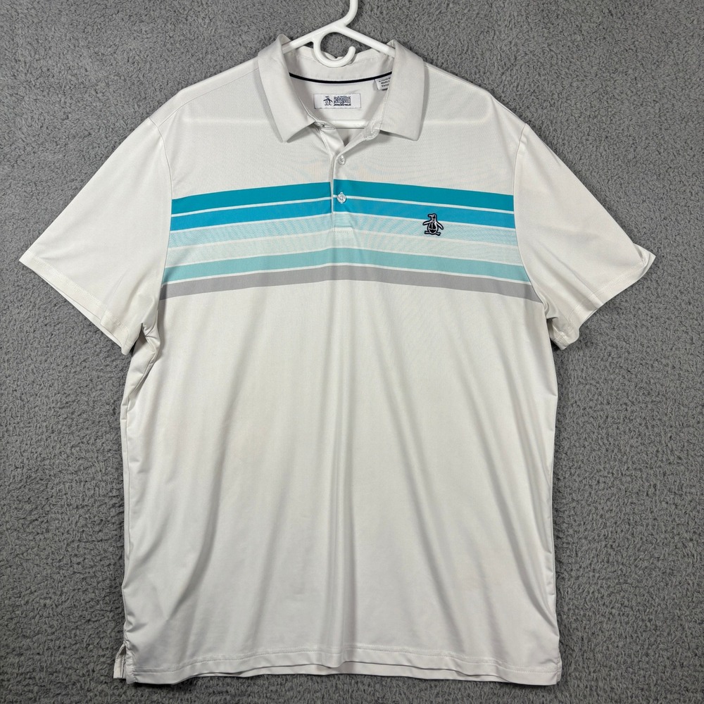 Original Penguin Polo Shirt Mens XL White Striped Performance Golf Short Sleeve